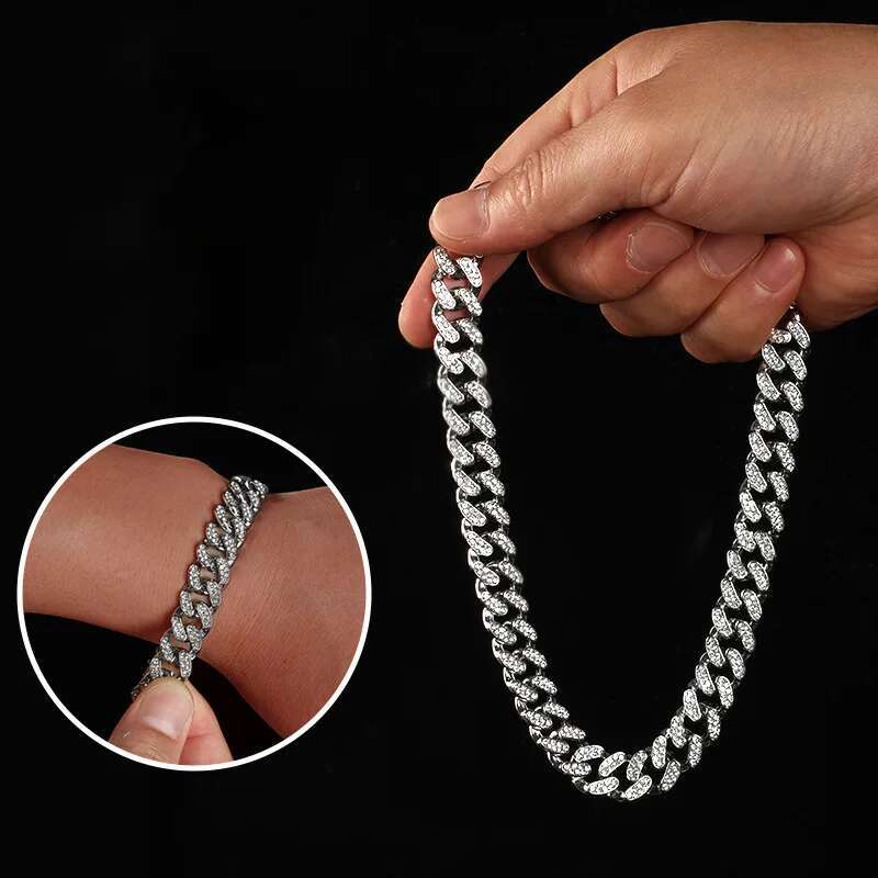 Hip Hop Shiny 12MM Cuban Link Chain Necklace Women Men Silver Color Rhinestone Iced Out Cuban Chain Punk Jewelry Necklace Gift