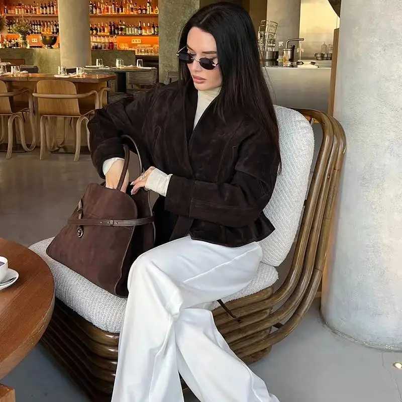 Tornova Retro Suede Long-sleeved Jacket Coat Female V neck Lace Up Jacket 2025 Autumn Winter New Commute Office Lady Outerwear J251124