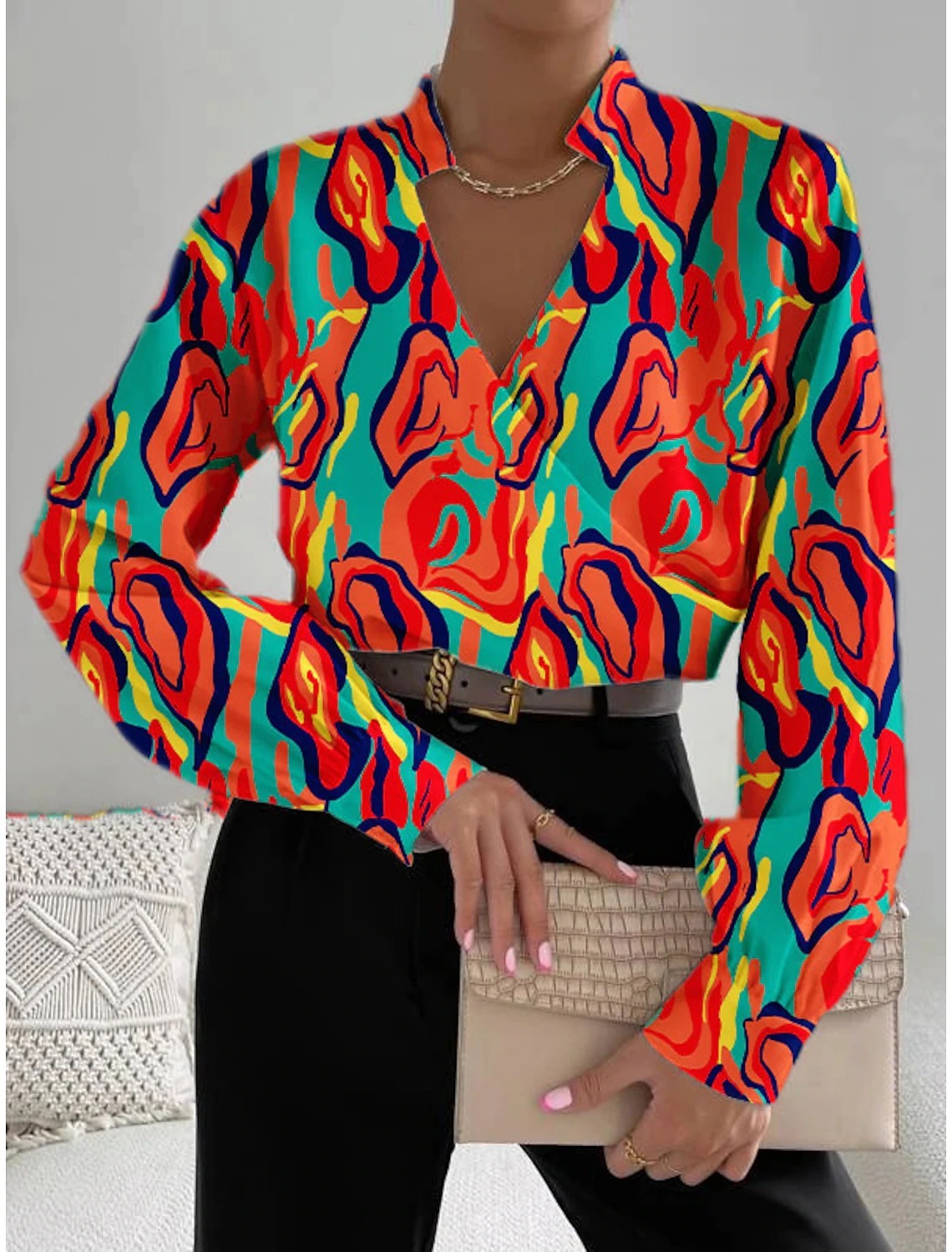 2023 Autumn New Product Long Sleeve V-neck Splicing Shirt for Women