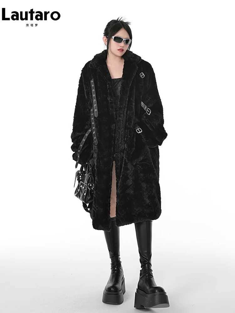 Lautaro Winter Cool Long Loose Casual Soft Thick Warm Black Fuzzy Faux Fur Coat Women Stand Collar Punk Style Fluffy Jacket 2023 J251124