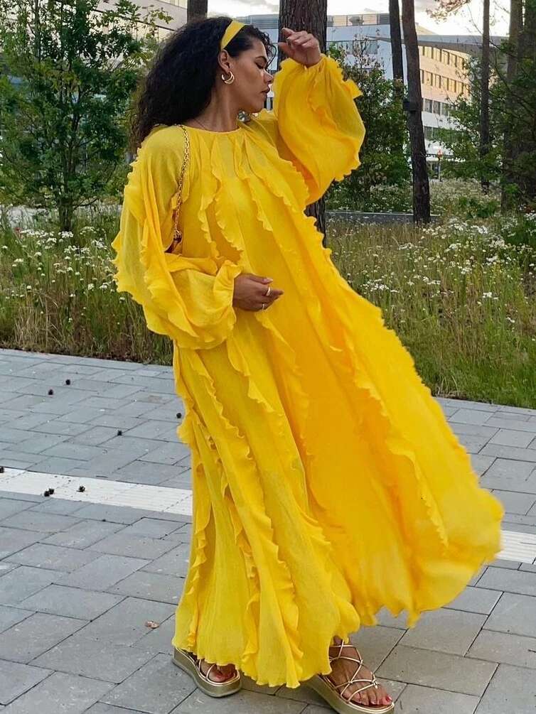 Autumn/Winter New Elegant Round Neck Lantern Sleeve Tie Rope Maxi Sun Dress Women's Solid Color Hundred Fold Evening Dresses