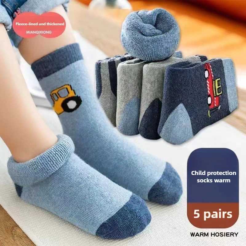5 Pairs Kids Winter Socks Thick Warm Fleece Lined Mid Crew Socks for Boys Girls Non Slip Floor Socks G251124