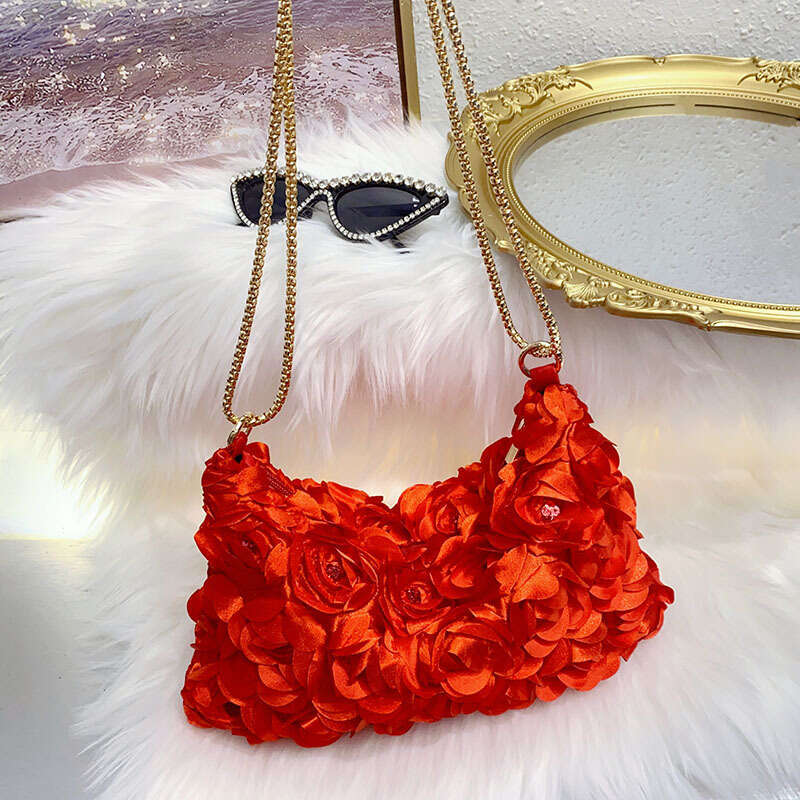 Small Niche Three-Dimensional Rose Blossom Sequin Color Ding Chain Zipper Armpit Crescent Dinner Bag