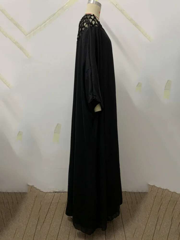 Batwing Sleeves Party Dress For Women See-Through Maxi Dresses New Casual Hook Pattern Hollow Round-Neck Robes Female