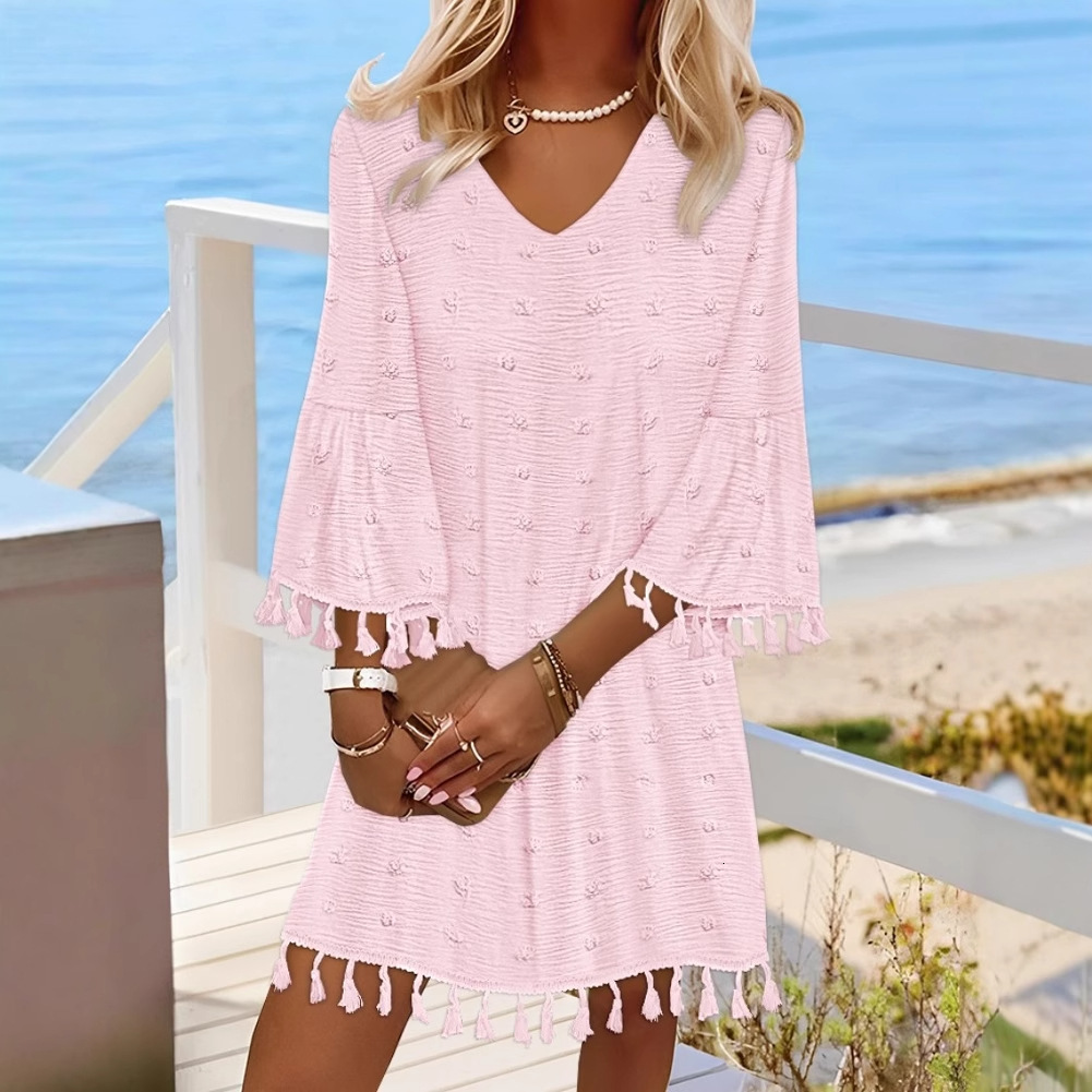 2025 New Spring and Summer Solid Color Simple V-neck Mid Sleeve Loose Tassel Dress for Women