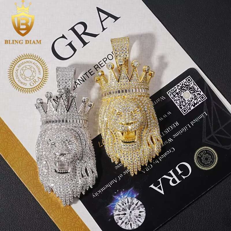 Hip Hop Jewelry 3D Crown Lion Animal Pendant Moissanite Real Gold Plated 925 Sterling Silver Charm Pendant