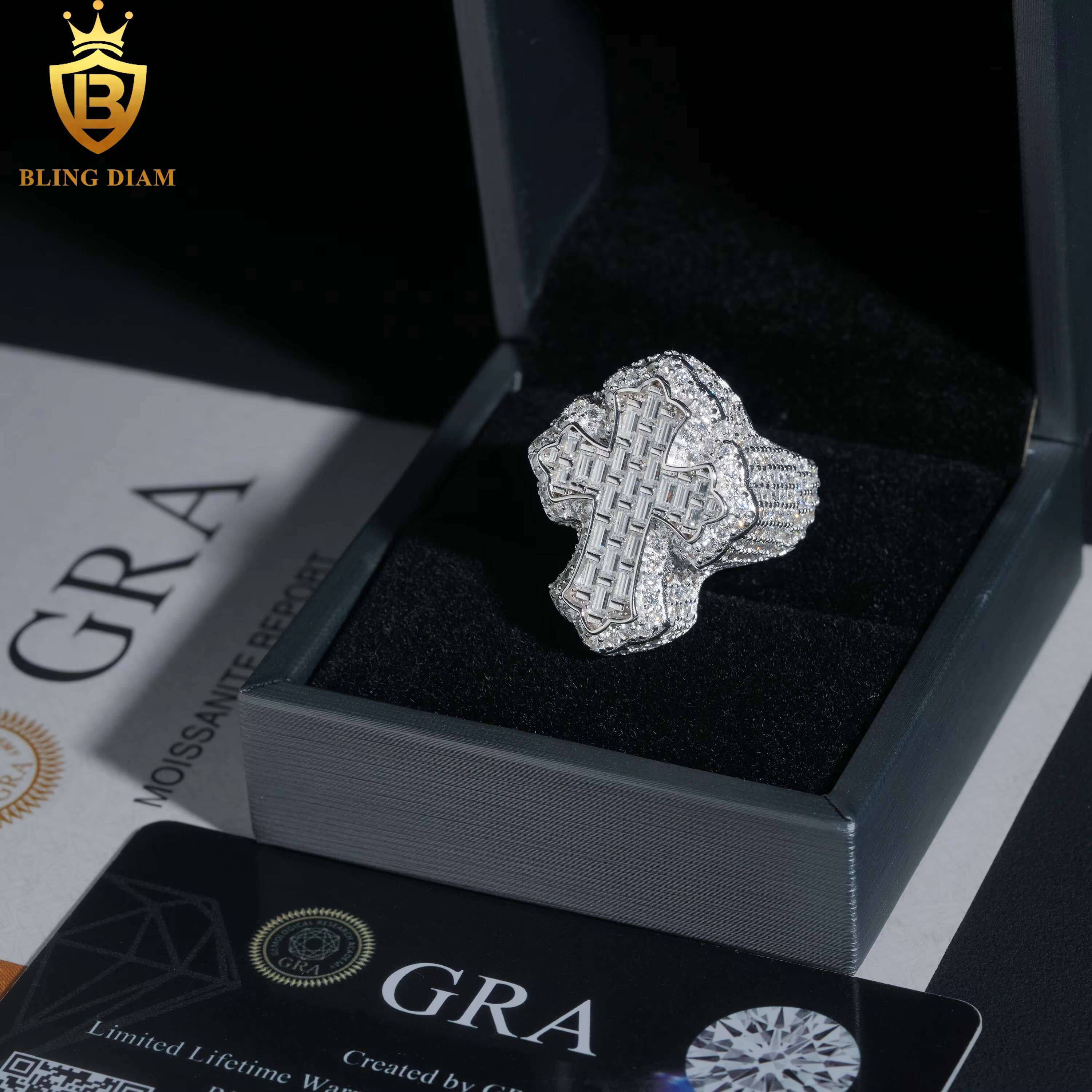 HipHop Style Jewelry Mens Ring Fully Diamond Colorful Moissanite Iced Out 925 Silver Cross Ring