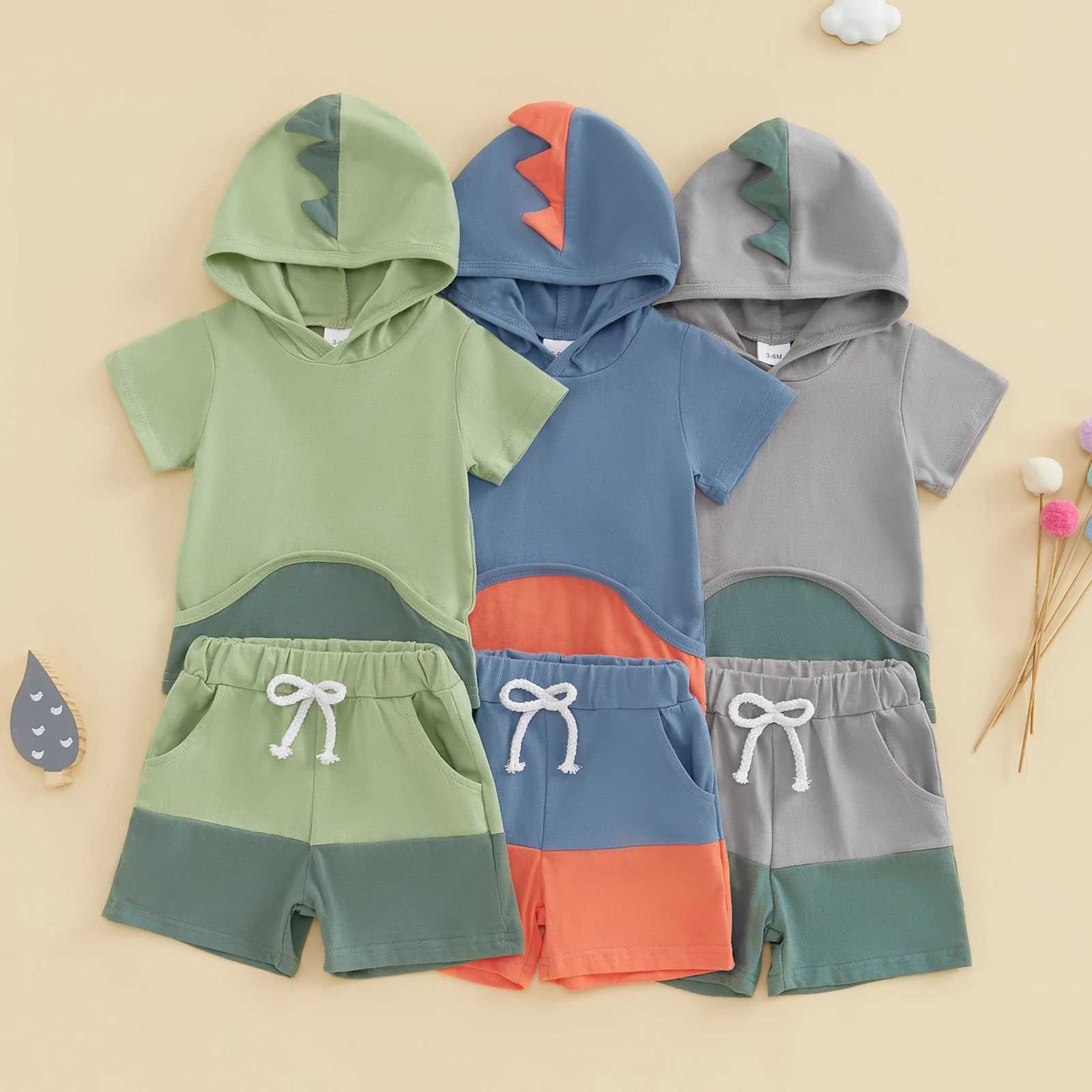 Clothing Sets Baby Boys Summer Clothes Fashion Kids Outfits Set Dinosaur Contrast Color Short Sleeve Hooded Tops Shorts Kids Suits R250424