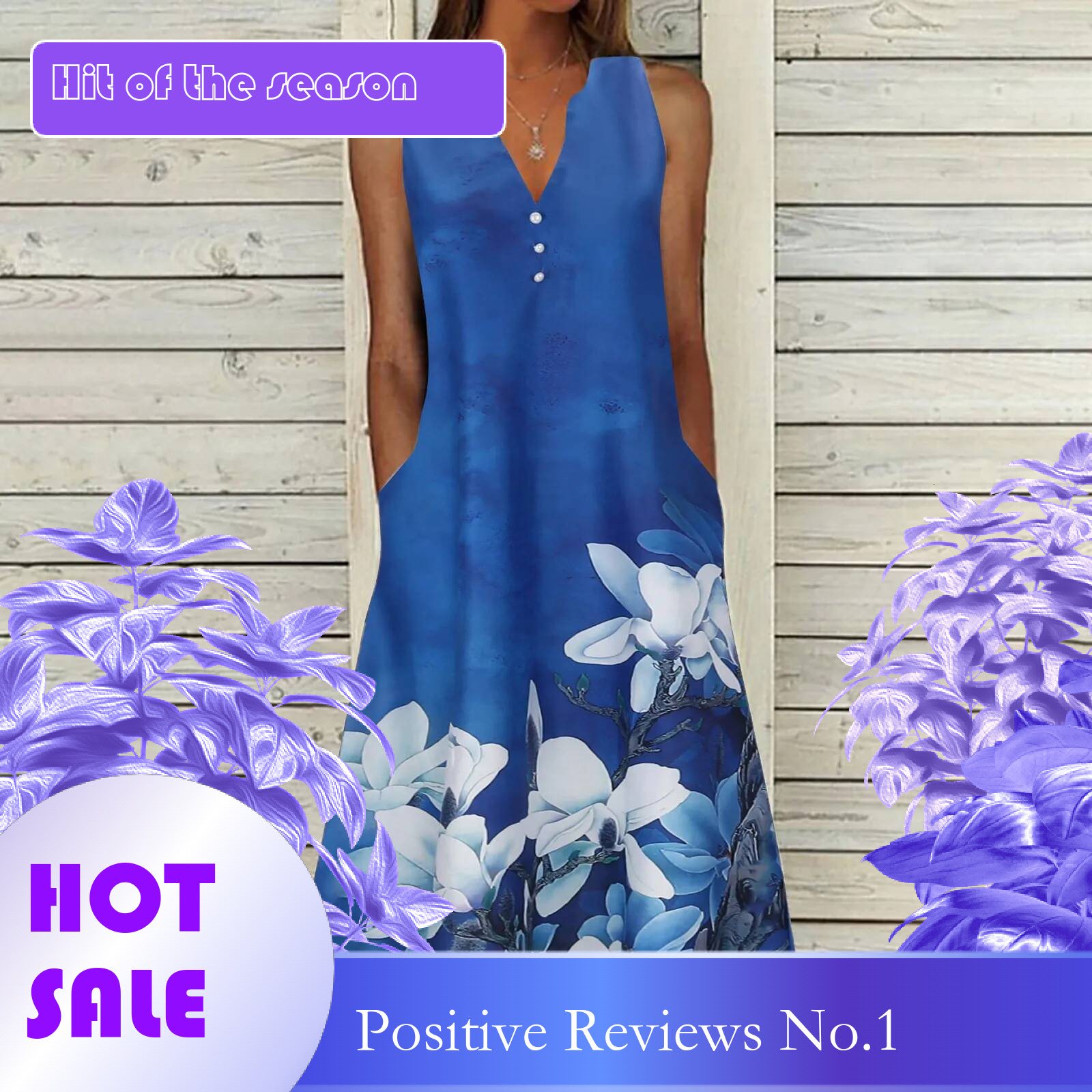 Dongdumaoyi Summer Sleeveless A Line Floral Dress Women Sexy V Neck Blue Loose Midi Pockets Casual Beach Long Dresses Robe
