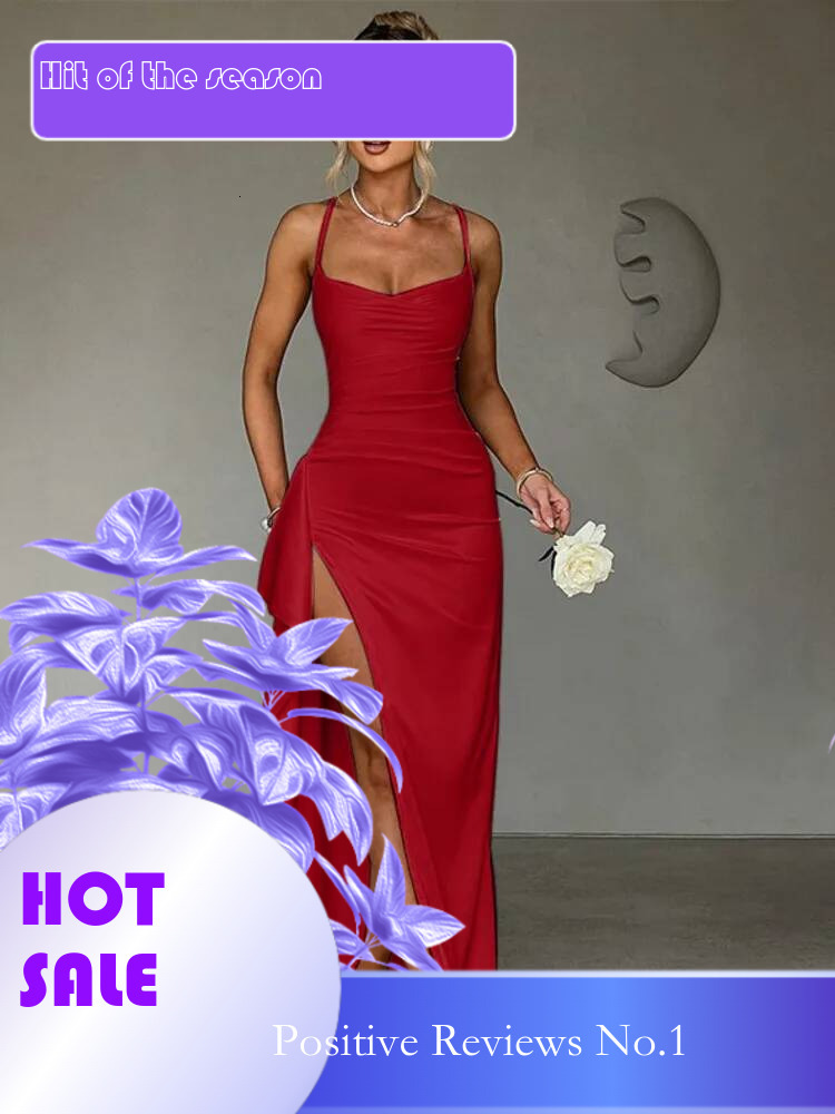 Dongdumaoyi Townlike Slim Bodycon Pleated Dress Women Spaghetti Strap Summer Maxi Long High Split Nightclub Sexy Party Dresses
