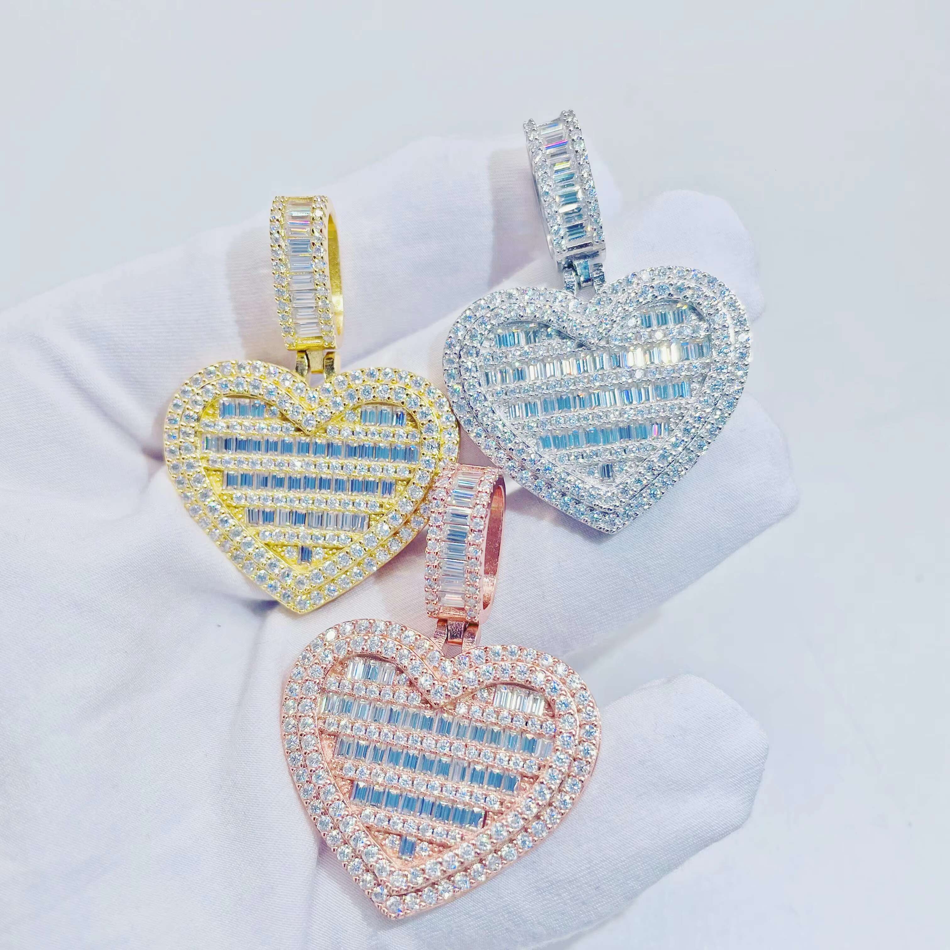 Men Women Necklace Moissanite Jewelry Hip Hop Heart Shape Pendant Baguette Vvs Diamond Custom 925 Sterling Silver Pendant