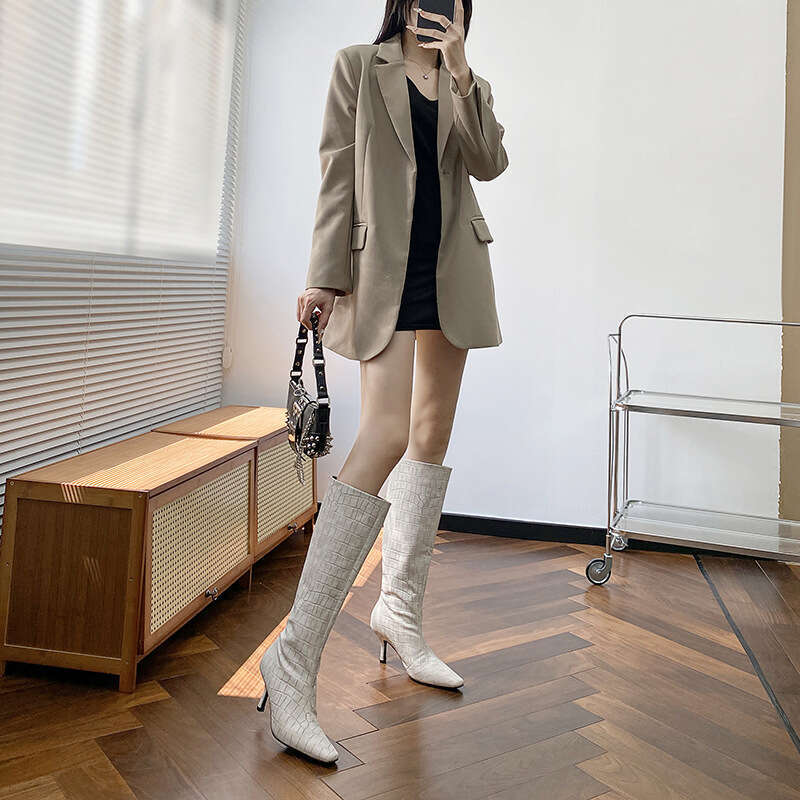 Woman Sandals New Square Head Heels Skinny Mona Same White Knight Boots Crocodile Pattern High Barrel Over Knee