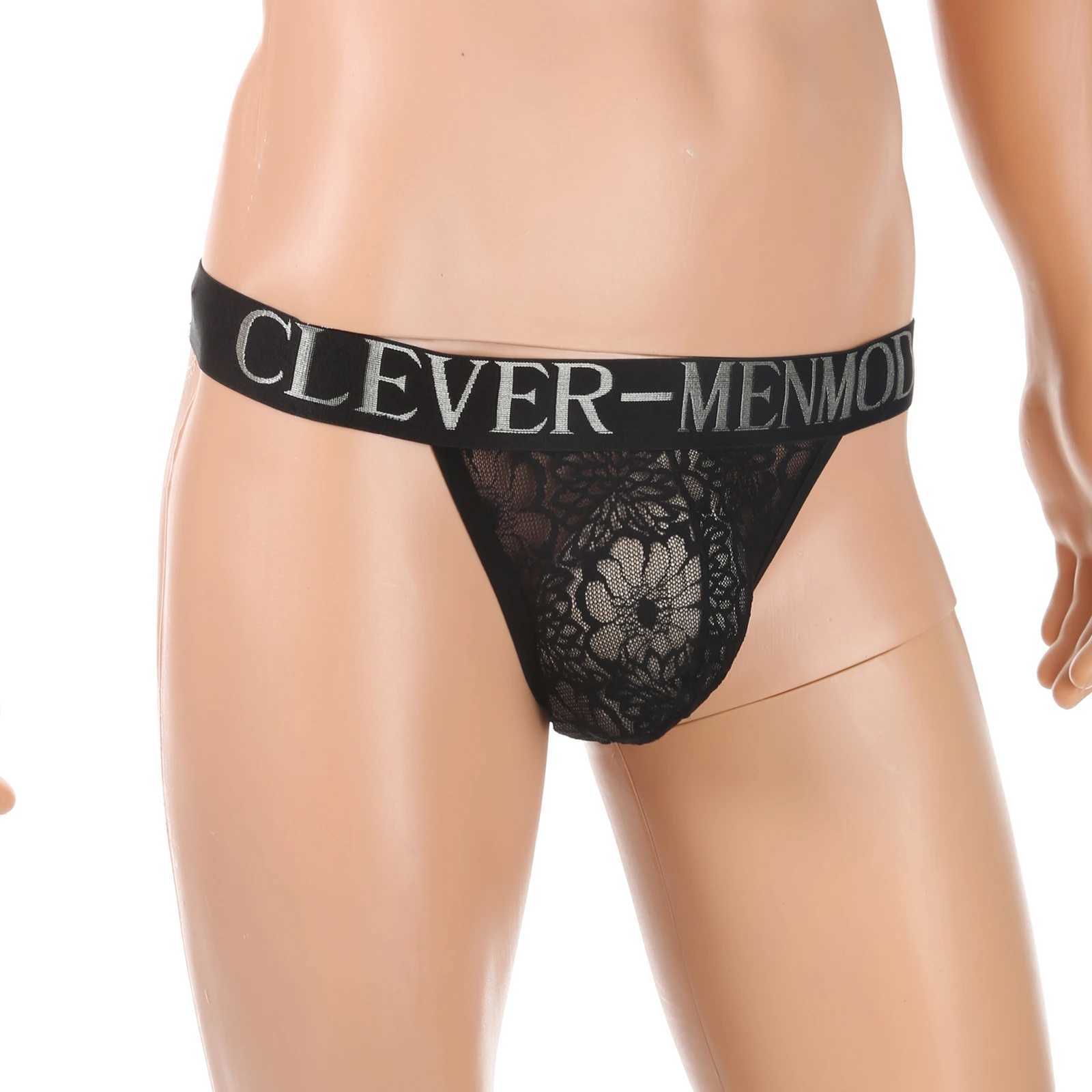 CLEVER-MENMODE Mens Sexy Underwear Lace Penis Pocket Underwear Mini Underwear High Cut Transparent Underwear Wide Belt M250424