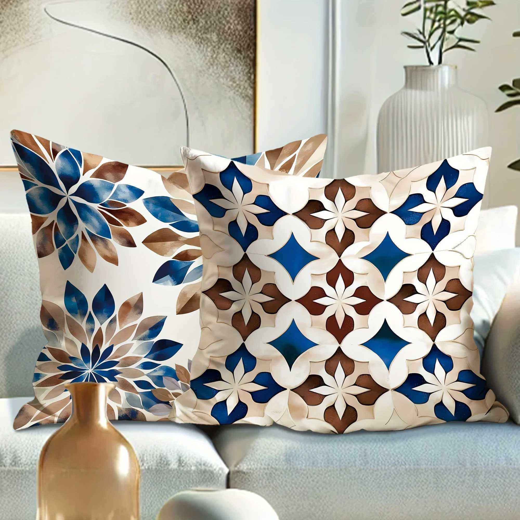 Blue Brown Floral Geometric throw pillow cover with short plush print for living room decoration cushion cover pillow covers G251124