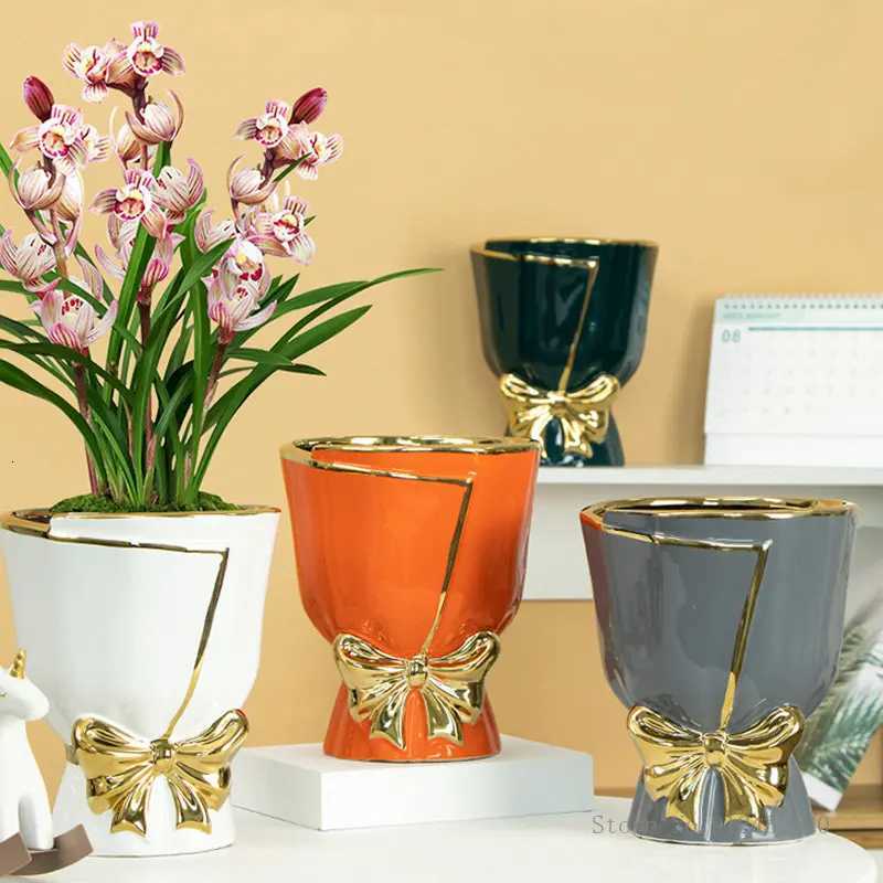 Luxury Butterfly Orchid Flower Vase Ceramic Light Special Pot Home Decor Green Orange Red White Grey Blue Bouquet 1Pc C251124