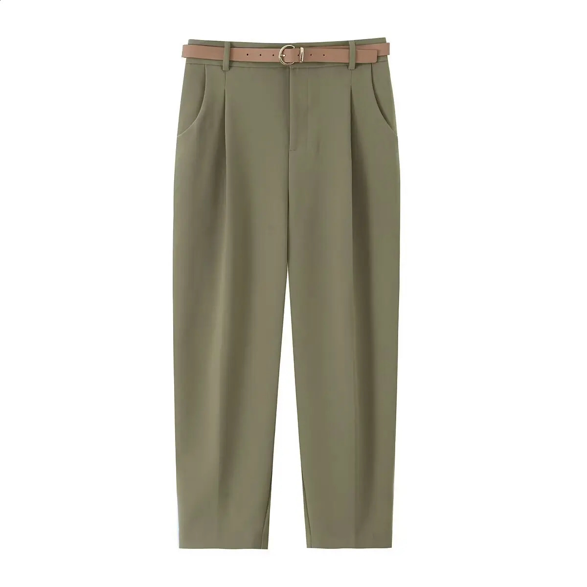 ZBZA Womens Belted High Waist Suit Pants Basic Concealed Zipper Button Double Pocket Pleated Solid Loose Trousers Spring Pants 250421