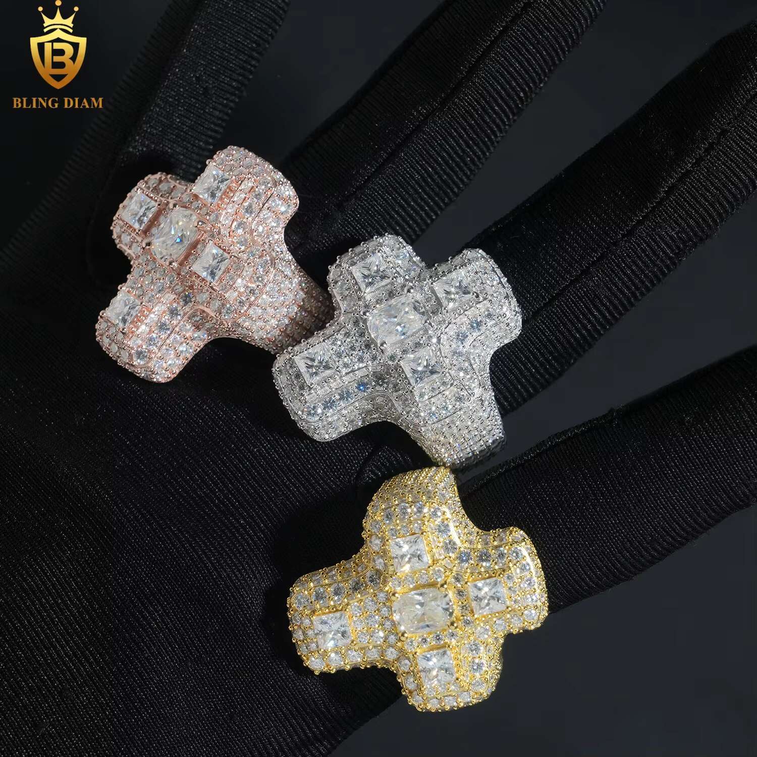 Hip Hop Jewelry 925 Sterling Silver Gold Plated Men Cross Ring Vvs Moissanite Iced Out Gra Certificate Pass Diamond Tester