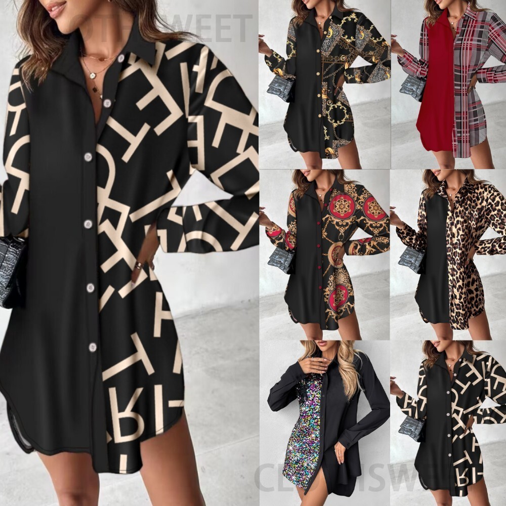 2023 autumn and winter long sleeved printed patchwork button dress womens shirt