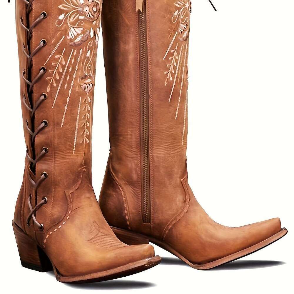 Women's Western Cowgirl Wide Calf Embroidered Pointed Toe Over-The-Knee Mid-Heel Lace-Up & Side Zipper Faux Cover Boots For Dresses Jeans All-Sea
