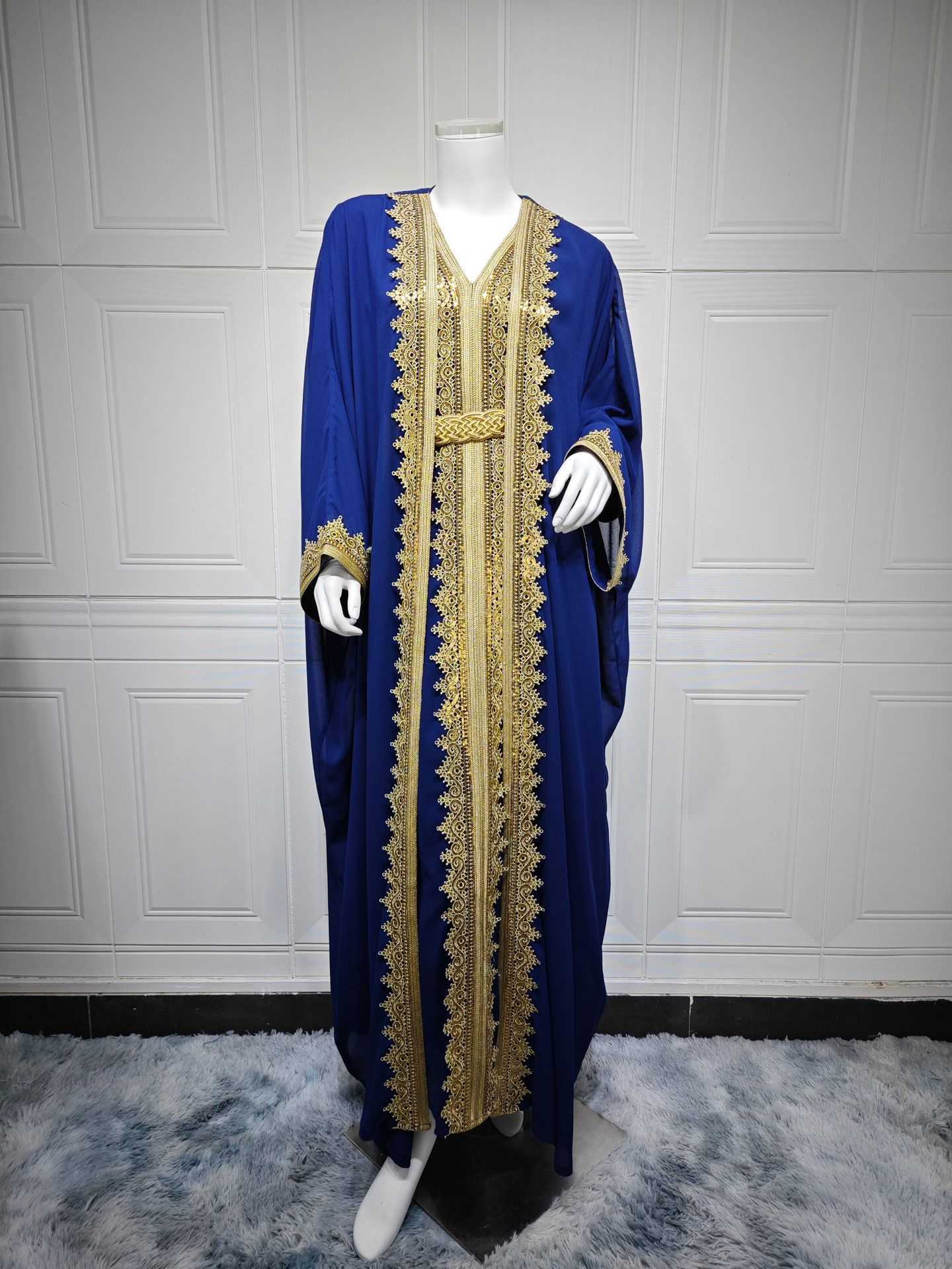 Lace trim woven belt splicing long robe two-piece set with waist belt chiffon dress L251124