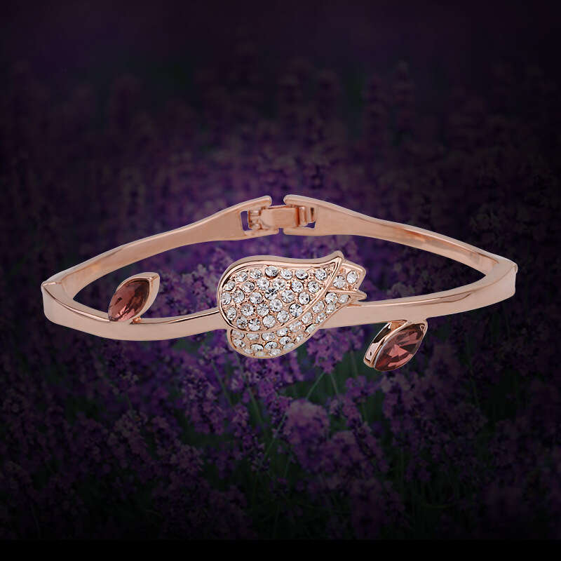 Qinuo Fashion Tulip Flower with White Dia Charm Elegant Love Hand Jewelry Creative Bracelet for Women