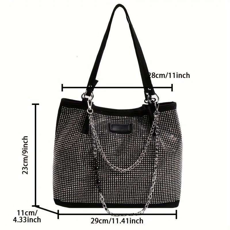 Shiny Rhinestone Shoulder Trendy Chain Decor Tote Bag, Glitter Bling-Bling Handbag For Women
