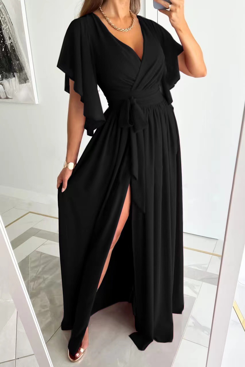 Autumn 2022 solid color flare sleeve loose V-neck floor dress womens wear