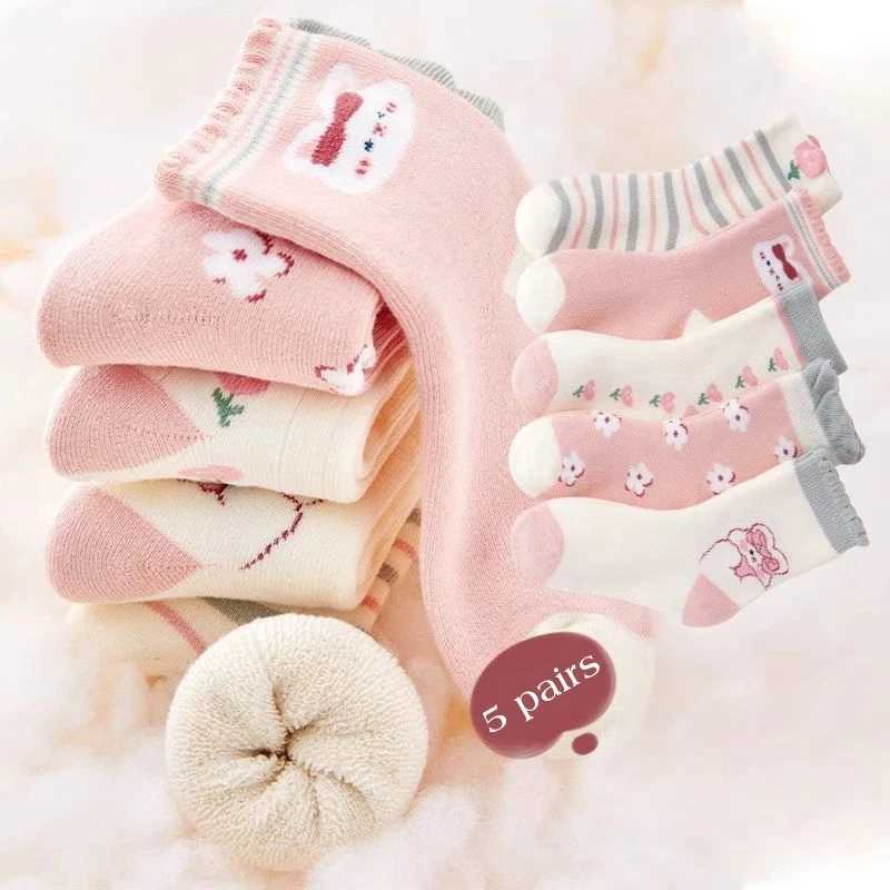 5Pairs Kids Girl Winter Warm Socks Pink Rabbit Plush Sock Thick Velvet Anti-Cold Baby Footwear 0-8Year Children Middle Tube Sock G251124