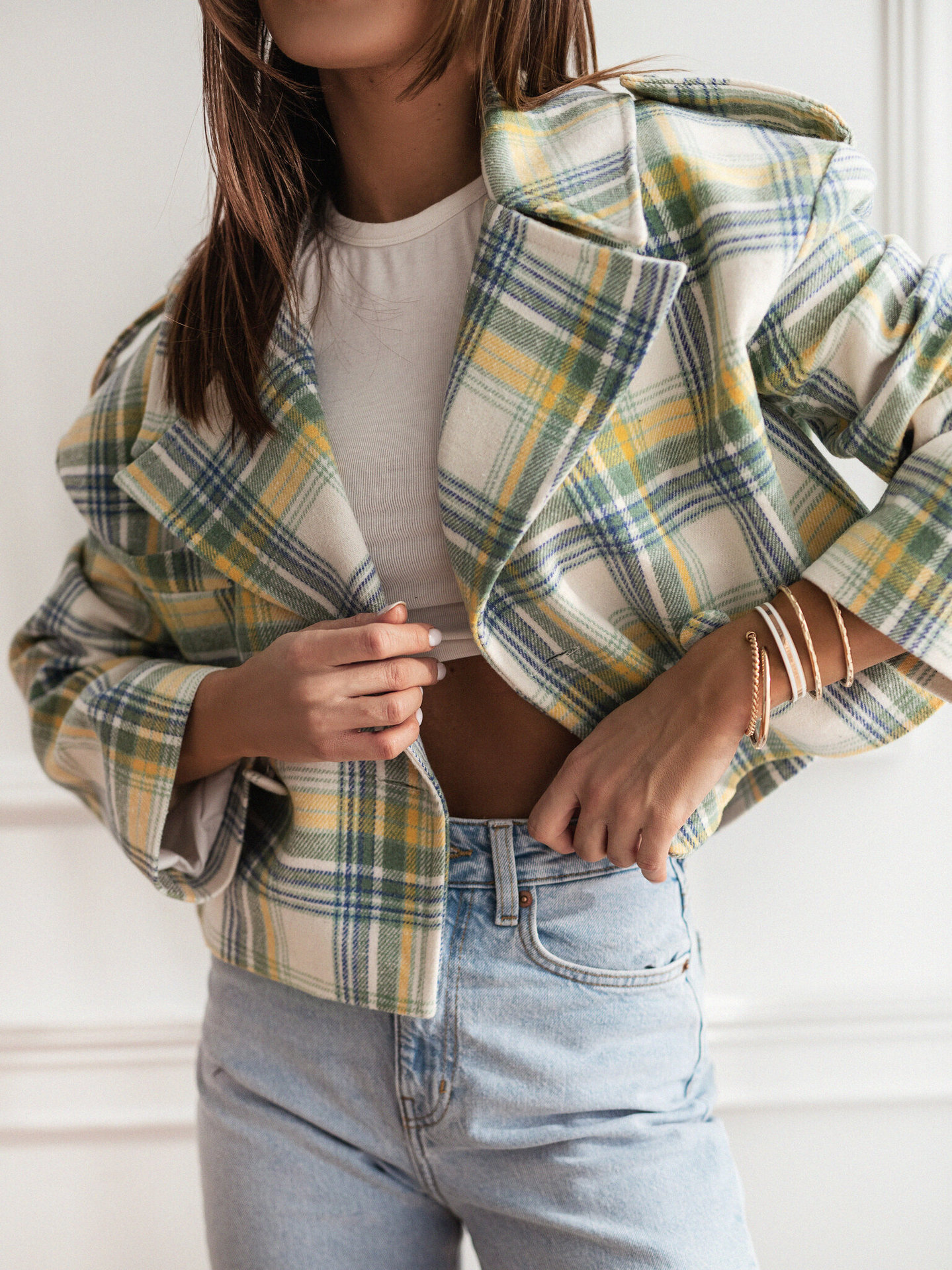 2024 new autumn and winter fashionable British suit collar plaid printed woolen jacket for women