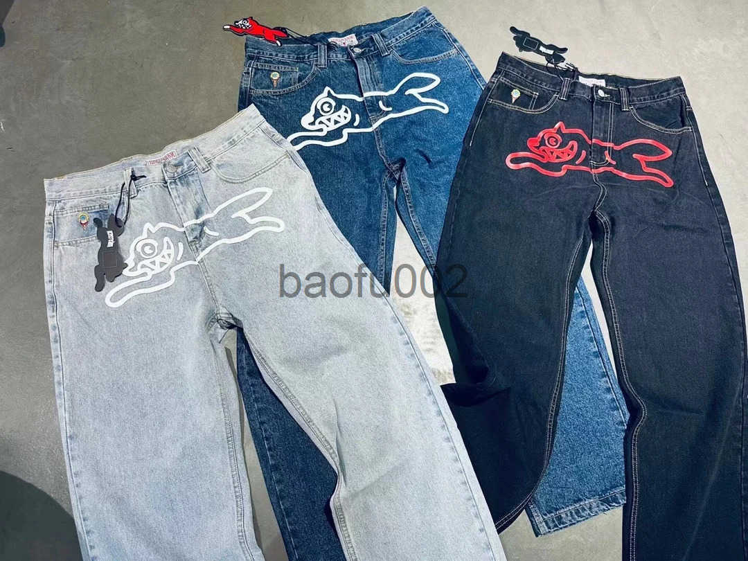 High quality American fashion brand jeans ice cream running dogs Emboridery wide jeans fashionable streetwear denim jeans J250424