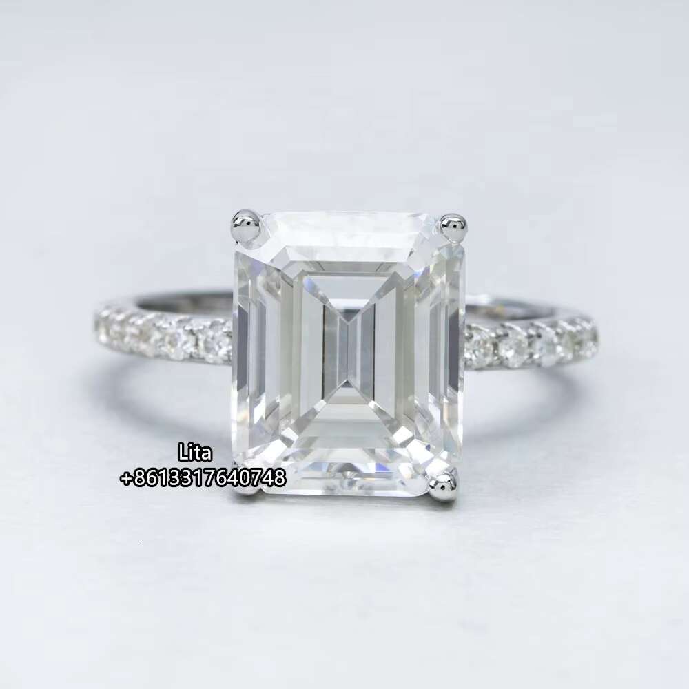 Luxury Trendy 925 Sterling Silver Emerald Cut 9*11mm Iced Out 5ct Emerald halo Moissanite Ring