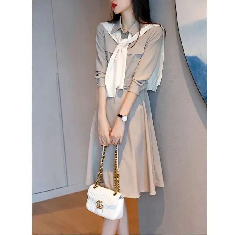 French Retro Style Slim Tall Dress Spring And Autumn New Long Sleeved Button Waist Cinched Women's Mid Length Casual Dresses