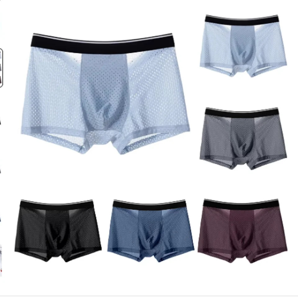 Mens Ice Silk Breathable Soft Boxing Shorts and Underwear Mesh Sexy Transparent Shoes Raised Pocket 250417