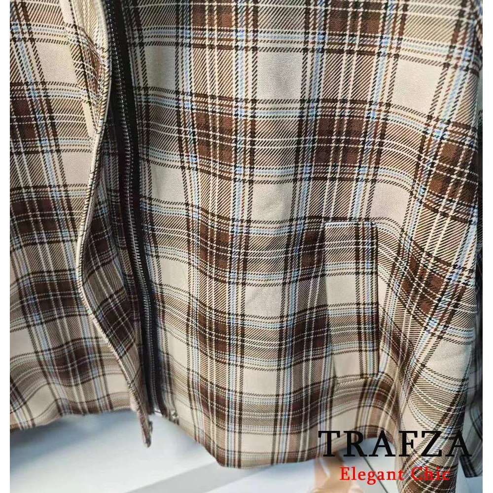 Designer Clothes TRAFZA Women Literary Cape Style Plaid Lapel Zippered Pocket New 2025 Spring Summer Fashion Casual Vintage Jacket