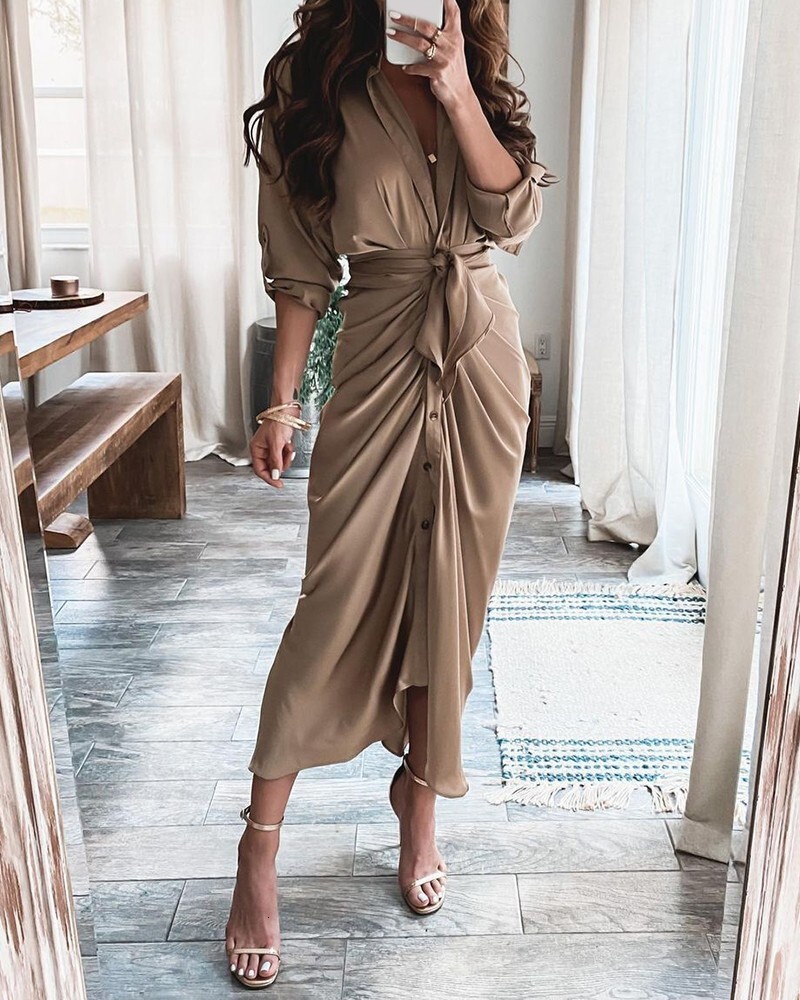 2021 summer long sleeve V-neck button print dress long skirt womens wear