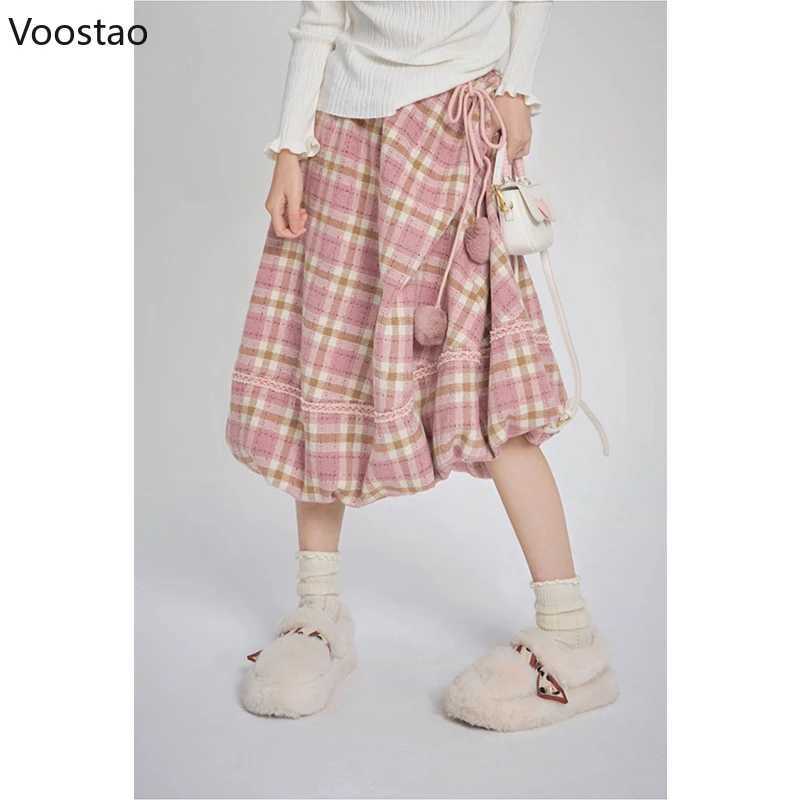 Pink checkered retro skiing autumn womens preparatory style chic plush ball elegant Midi skiing Korean women Y2k A-Line skiing M250424