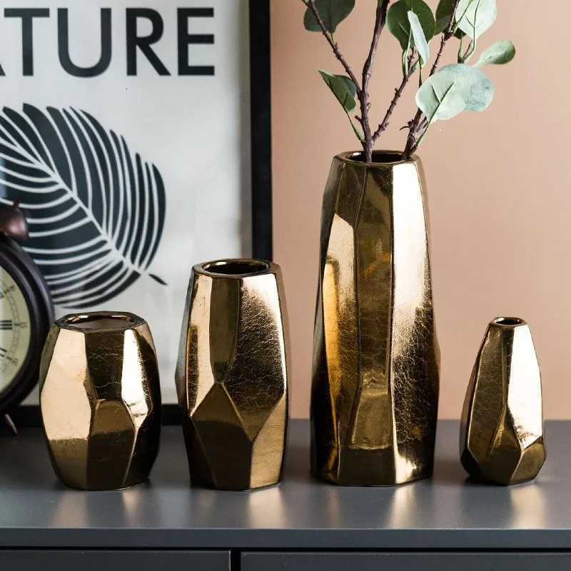 Nordic Light Luxury Gold Geometric Irregular Vase European and American Electroplated Ceramic Dry Flower Decoration Ornaments C251124