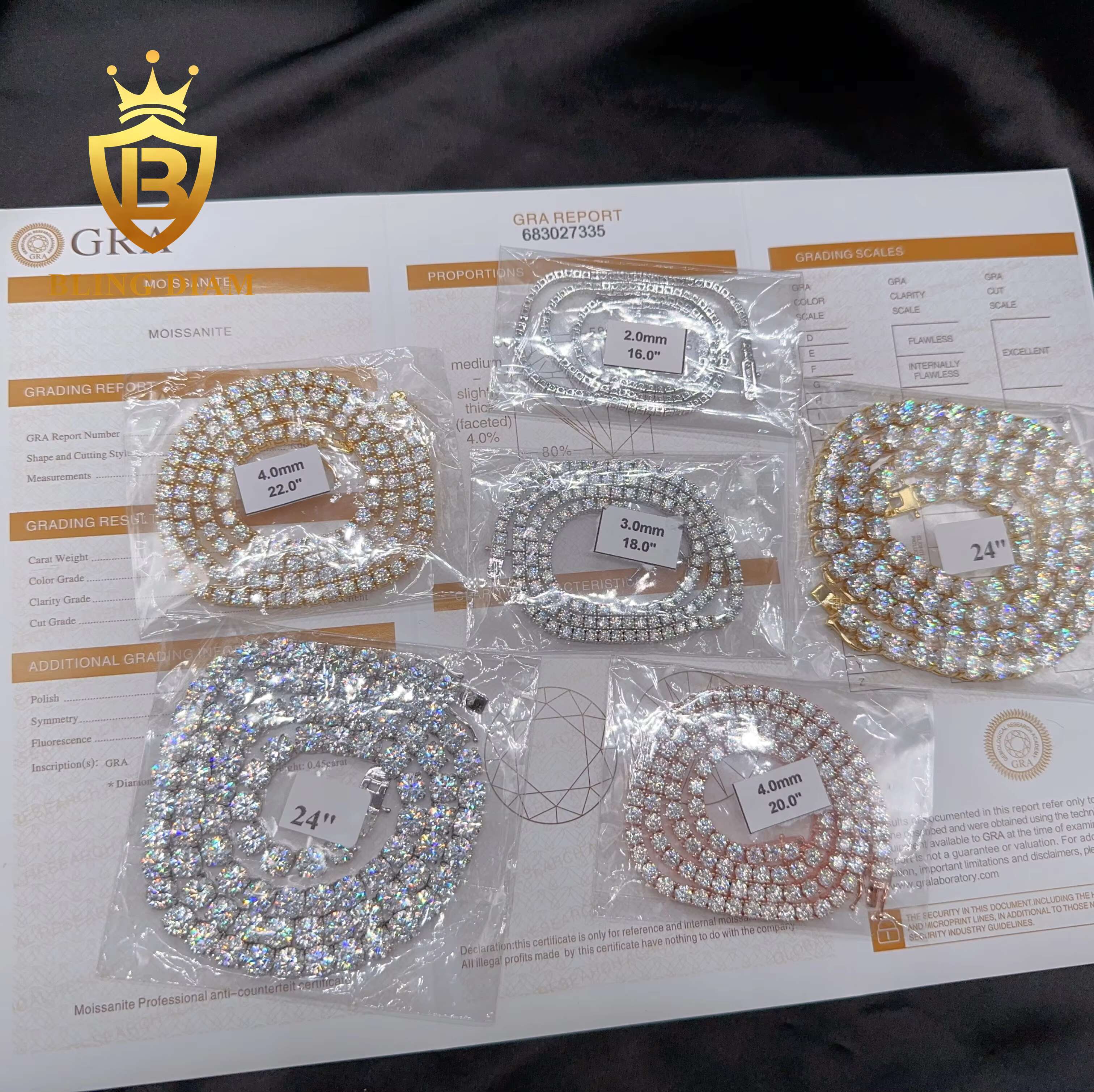 Pass Teseter Hip Pop Jewelry Moissanite Diamond Chain 2mm 3mm 4mm 5mm Sterling Silver 925 Tennis Necklace