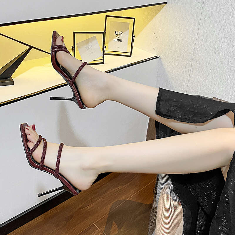 Woman Sandals Stiletto High Heeled In Burgundy Summer Sexy Exterior With Rhinestones Exposed Toes Straight Strap Square Head Cool Slippers For Women