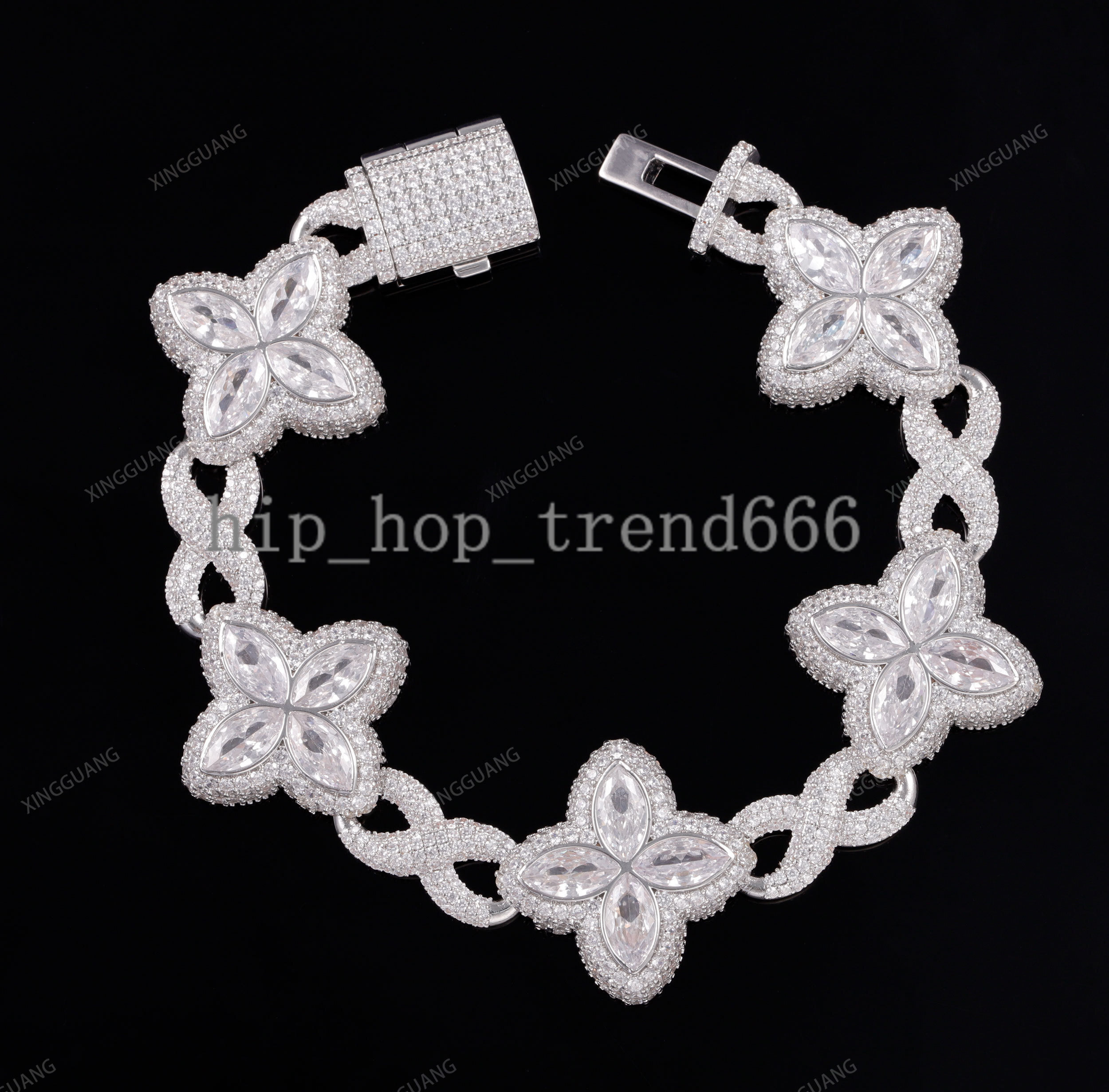 New Arrival Clover Design Vvs White Green Moissanite Diamond S925 Silver Gold Plated Cuban Link Bracelet Men Women