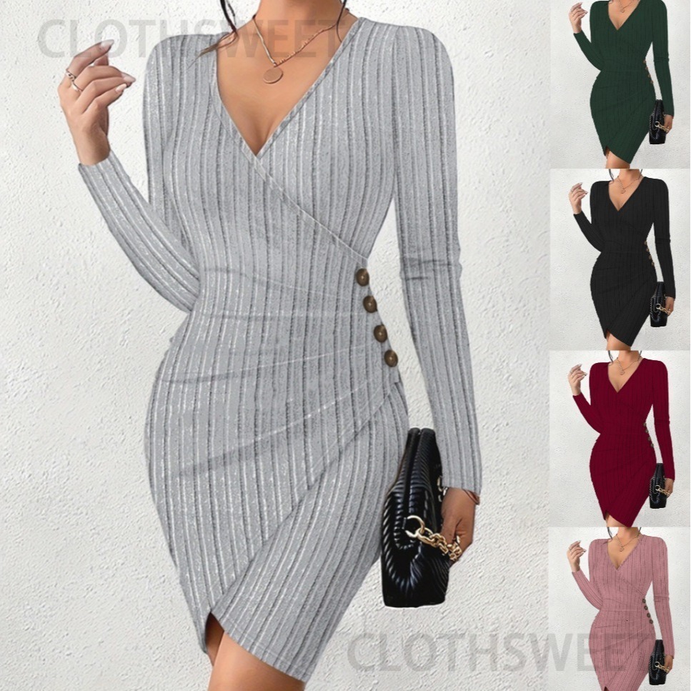 2023 autumn and winter new solid color V-neck tight fitting bag hip slimming sexy long sleeved dress for women