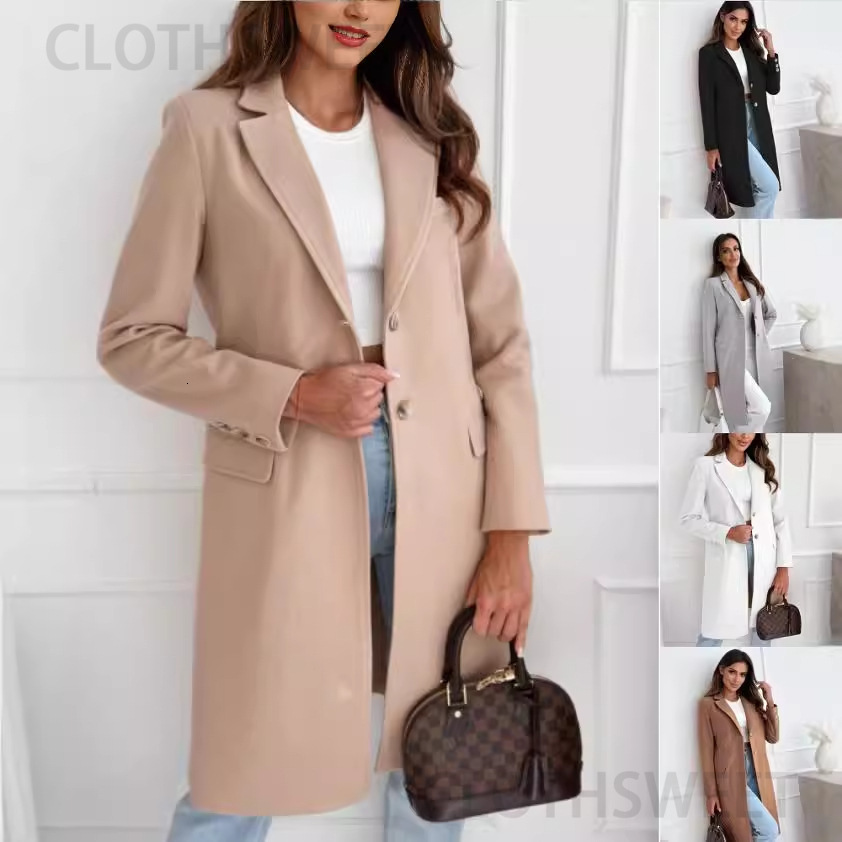 2024 autumn and winter simple solid color medium long button down woolen coat jacket for women