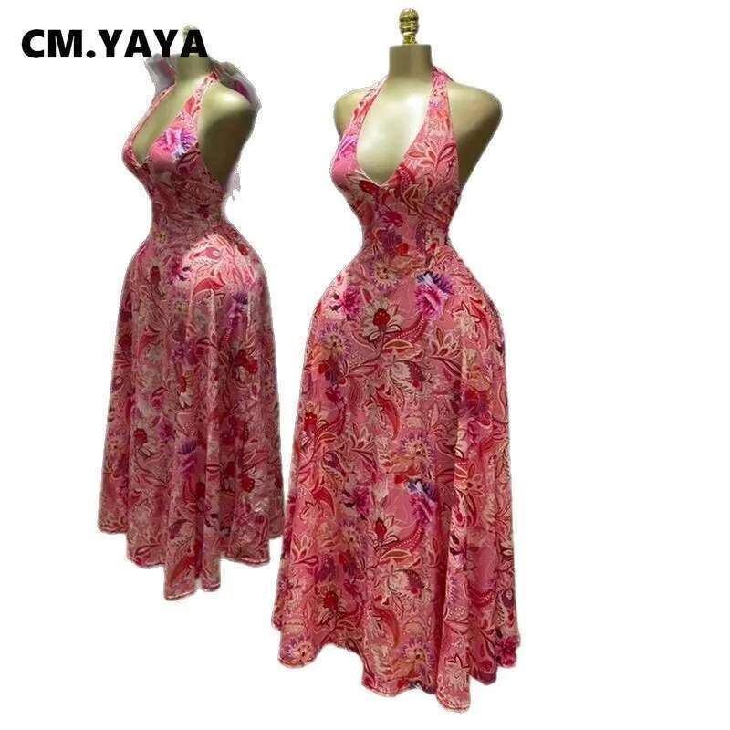Cm.Yaya Women Paisley Printed Halter Neck Backless Sleeveless Fit And Flare Long Maxi Dress 2025 Chic Birthday Vestidos Dresses