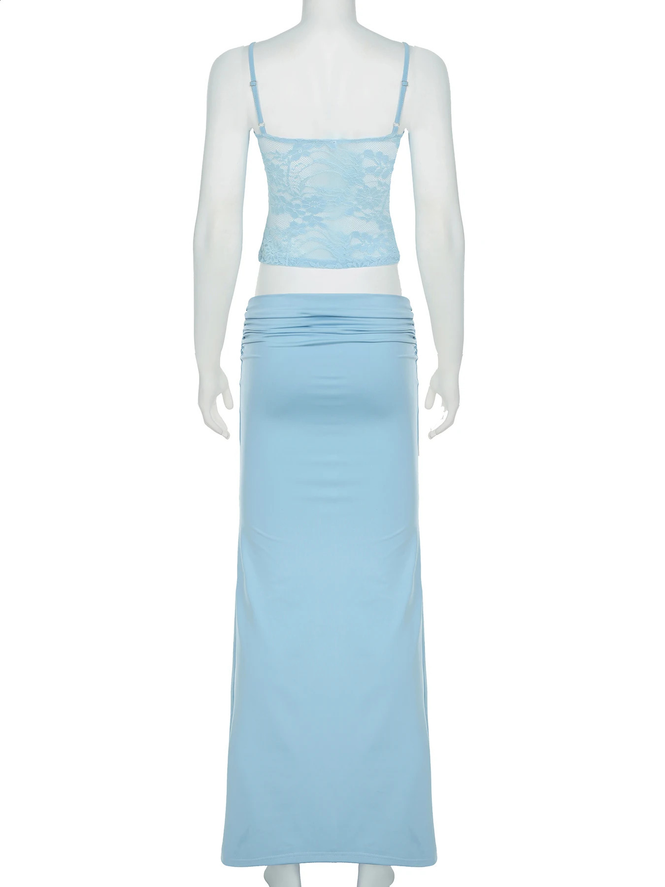 IAMSURE Holiday Solid Splicing Lace Dress Set Beach Style See Through 2-piece Set Sleeveless Camis Top Low Waist Long Dress 250423