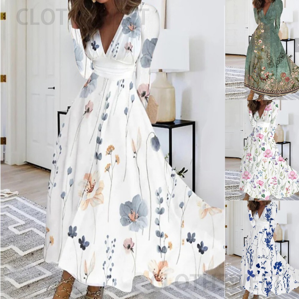 2023 Autumn V-neck Long sleeved Printed Womens Dress Womens Dress