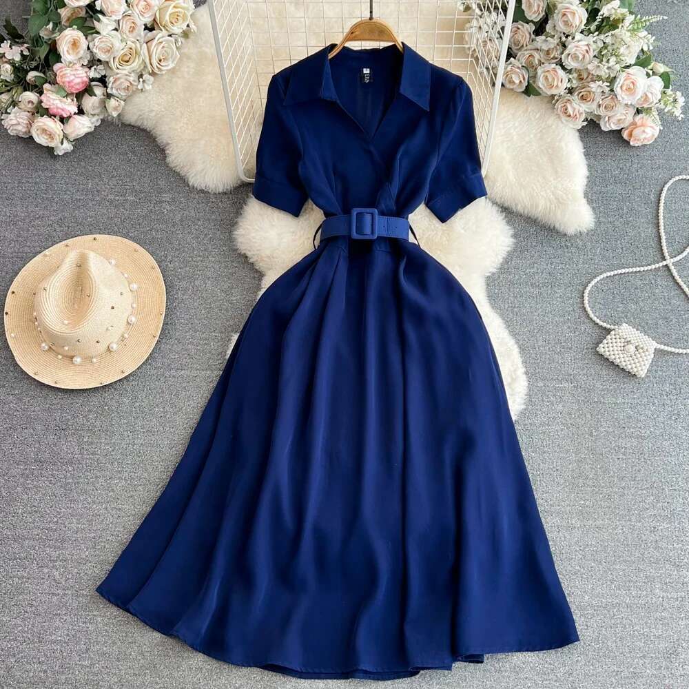 French Chic Summer Dress For Women Turn Down Collar Short Sleeve Belted Female OL Dresses Ladies Long Vestidos Dropshipping