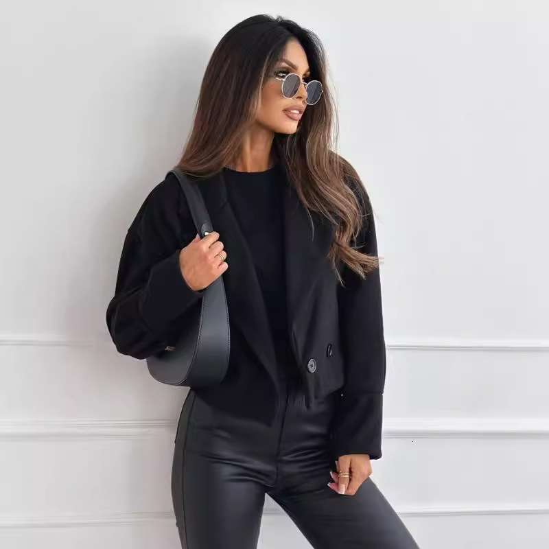 2024 new autumn and winter fashionable versatile suit collar solid color short woolen coat for women