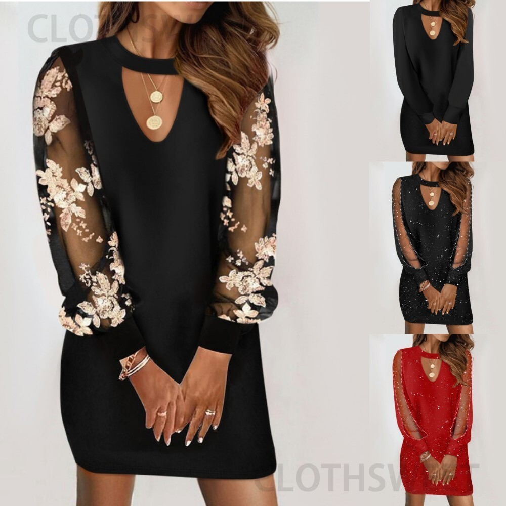 2024 Spring V-neck lace long sleeved printed waist cinching dress for women