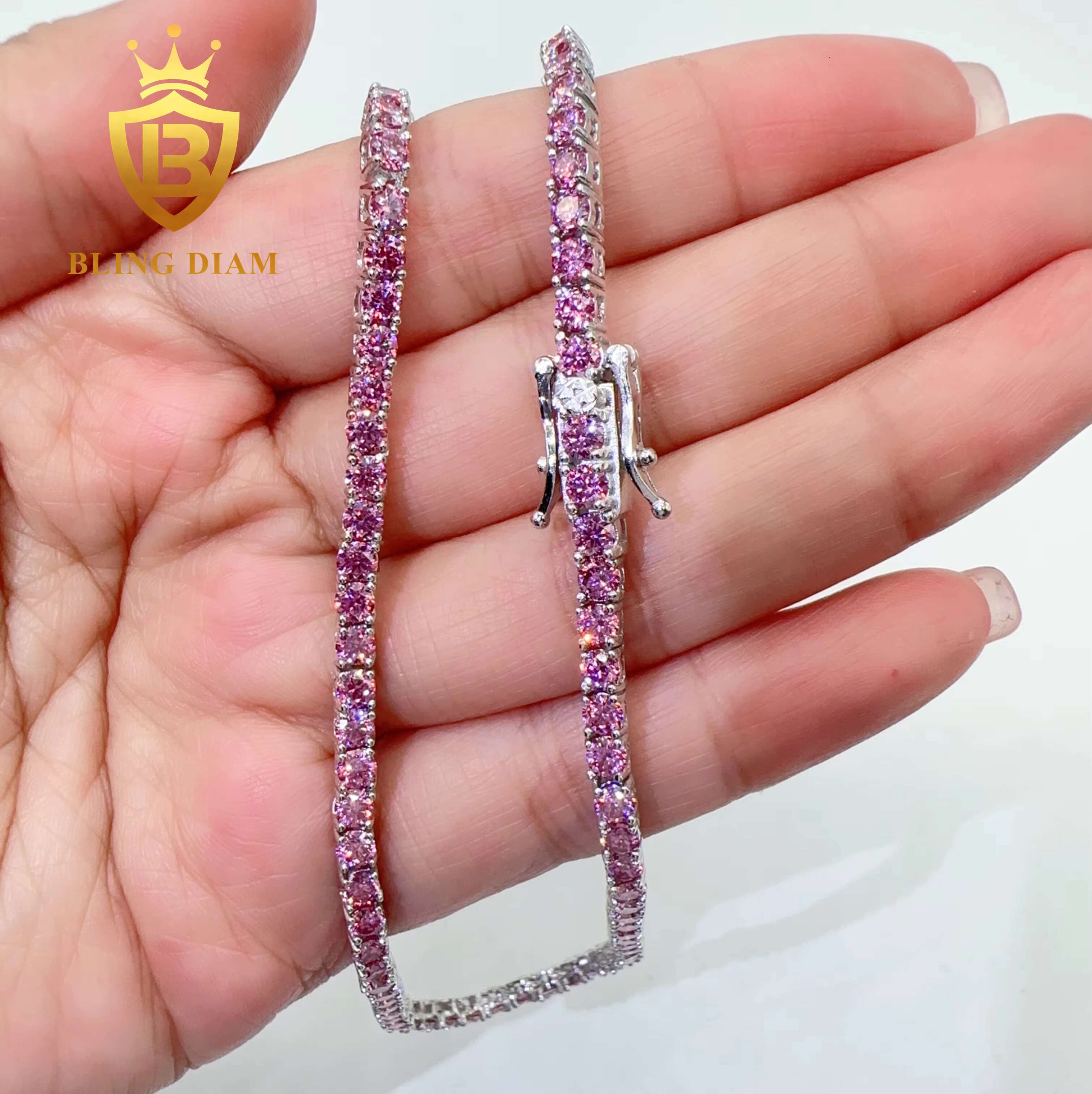 Blingdiam Jewelry Pass Diamond Tester S925 Sterling Silver 3mm 4mm Pink Moissanite Tennis Chain