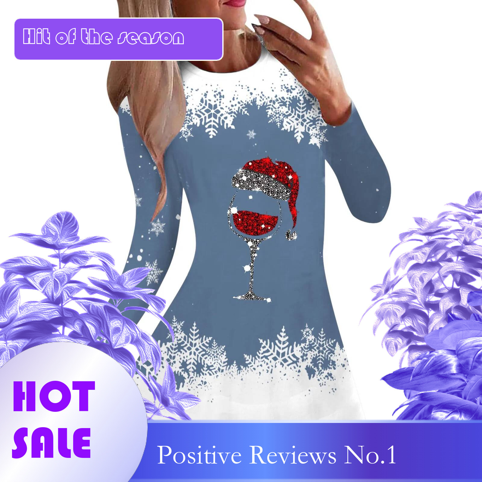 Dongdumaoyi Womens Dresses Spring Fashion Christmas Wine Glasses Print Casual O Neck Long Sleeve Mini A Line Dress Clothes